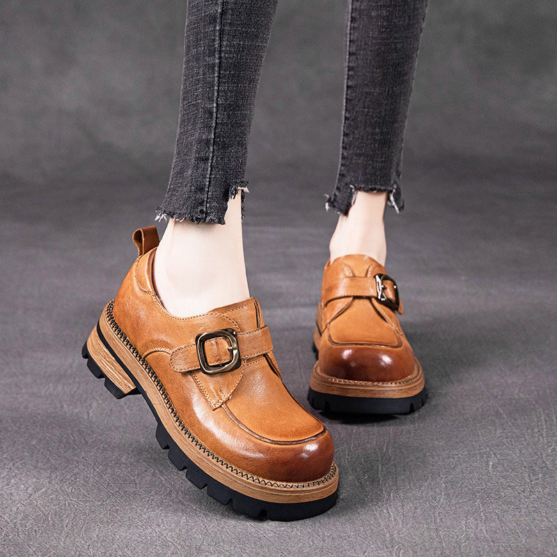 Retro Spring Leather Round Toe Straped Thick Soft Sole Casual Shoes