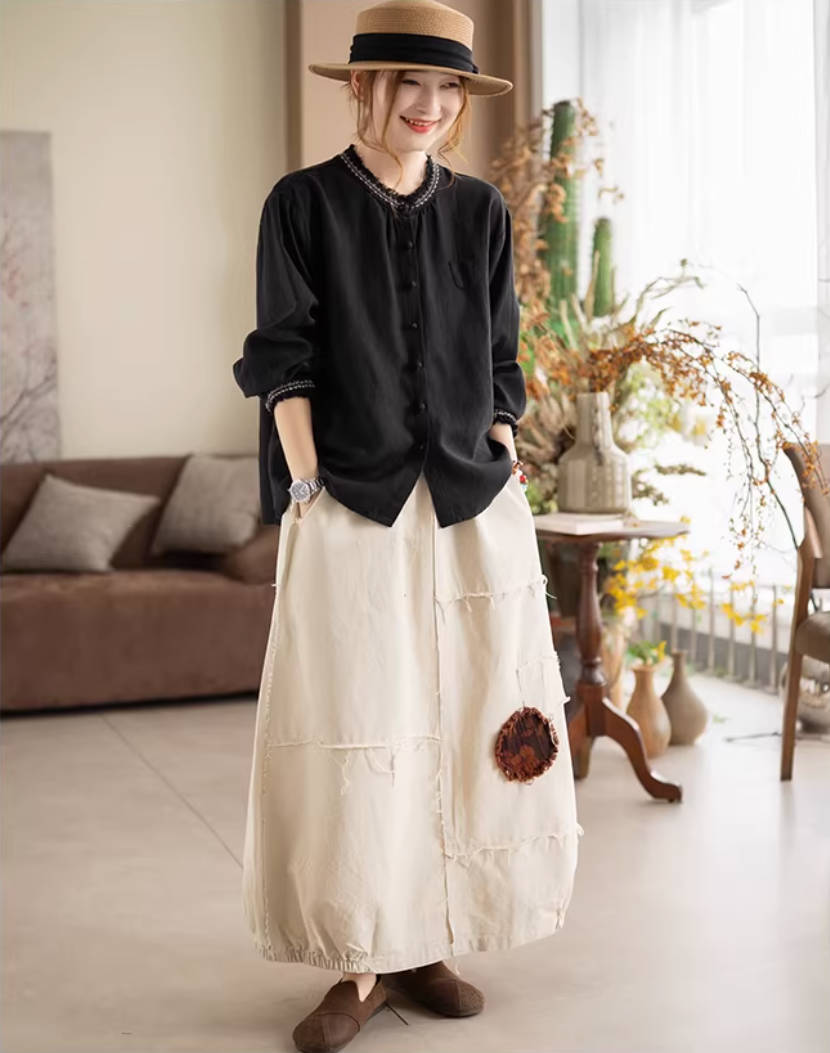 Spring Ramie Thin Embroidered Round Neck Versatile Casual Shirts
