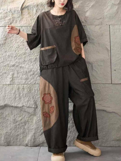 Vintage Cotton Patchwork Button Denim Short-Sleeve T-Shirt Loose Harem Pants Set