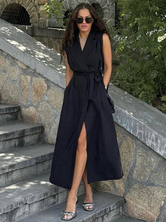 Women Sleeveless Turn-down Collar Cotton Belted Waist Split Hem Dress