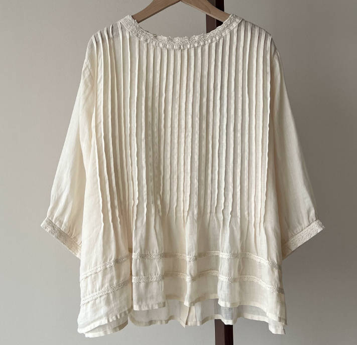 Summer Women Ramie Solid Color Ruffled Lace Half Sleeves Top