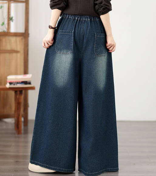 Autumn Vintage Embroidered Soft Denim Elastic Waist Wide Leg Pants