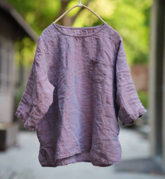Women  Solid Color Round Neck Versatile Linen Slim Fit Casual Top