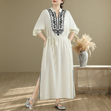 Babakud Women Spring Vintage Ethnic Embroidered Linen Maxi Dress