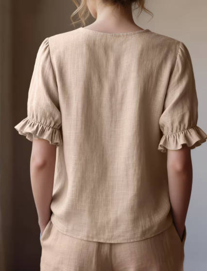 Casual Linen Solid Color Ruffled Short Sleeve Blouse Puff Sleeves Top