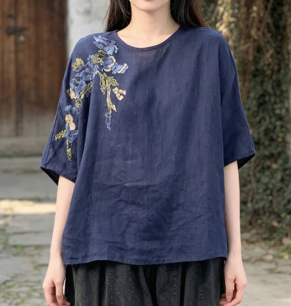 Women Vintage Embroidered Linen Drop Shoulder Loose Fit Slimming T-shirt