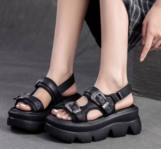 Summer Vintage Ankle Strap Thick-Soled Leather Open-Toe Breathable Sandals