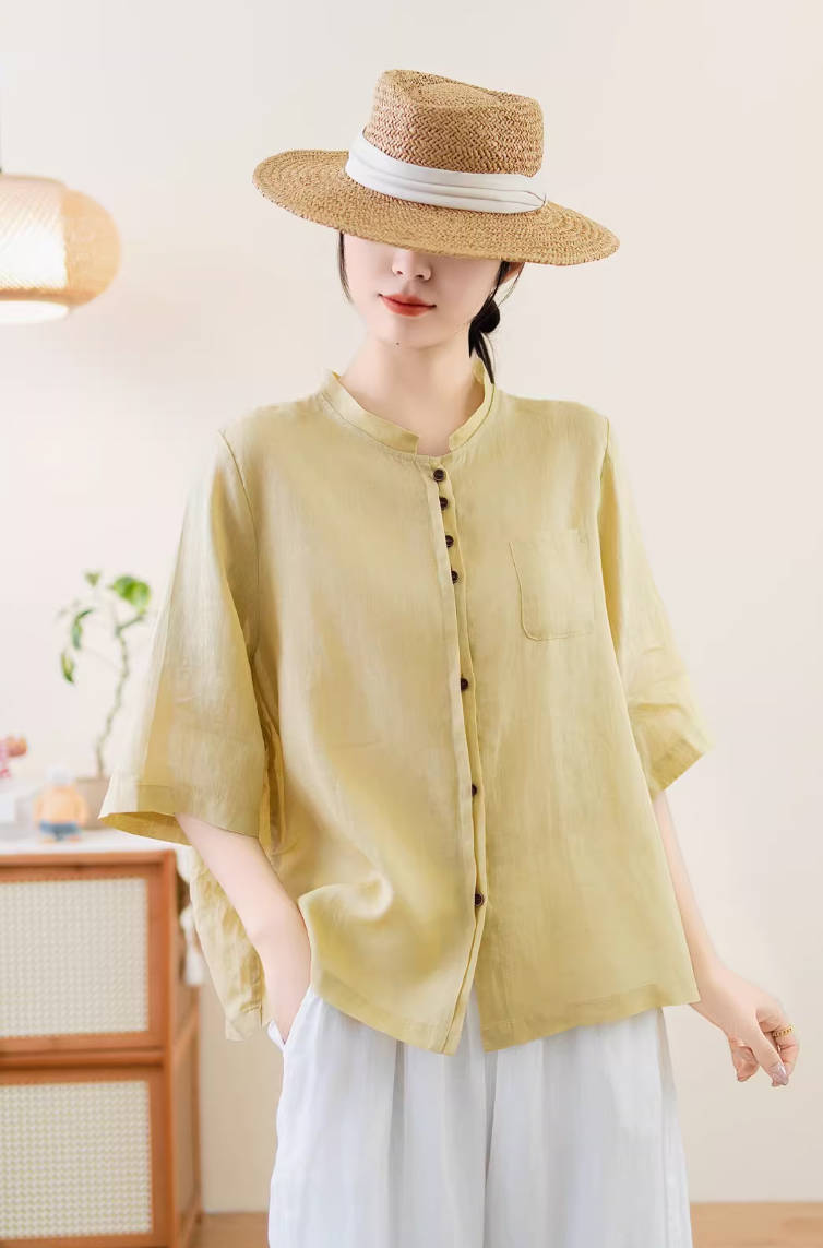 Spring Retro Ramie Comfortable Stand Neck Loose Thin Tops