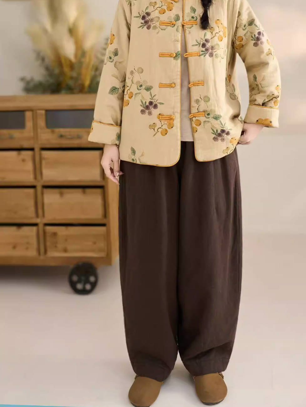 Winter Ramie Retro Solid Color Warm Elastic Waist Pants With Pockets