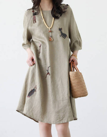 Women Casual Embroidered Linen Round Neck Loose Fit Dress