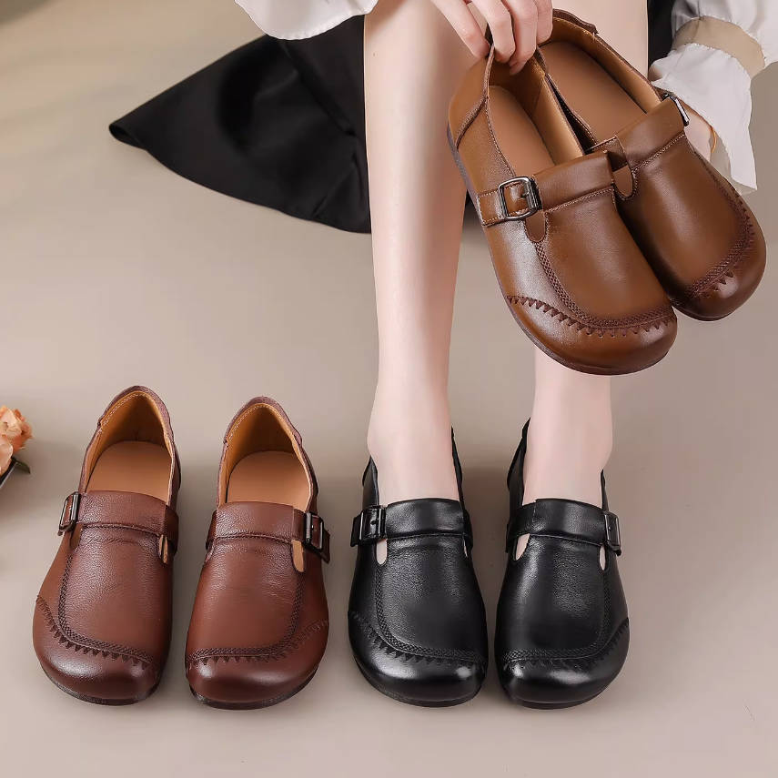 Spring Retro Top Leather Cut Out Round Toe Slip-On Flat Shoes