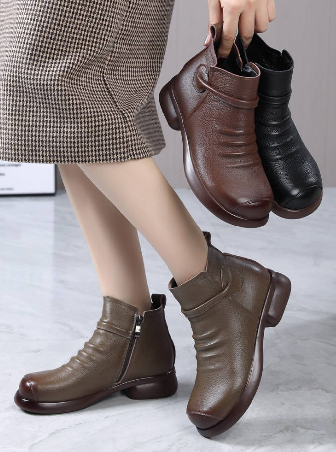 Genuine Leather Soft Sole Low Chunky  Zipper Plus Size Boots