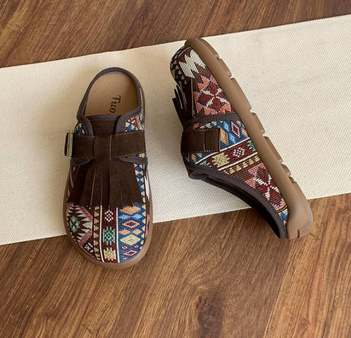 Vintage Ethnic Style Half-Back Lazy No-Heel Mule Sandals Slip-On