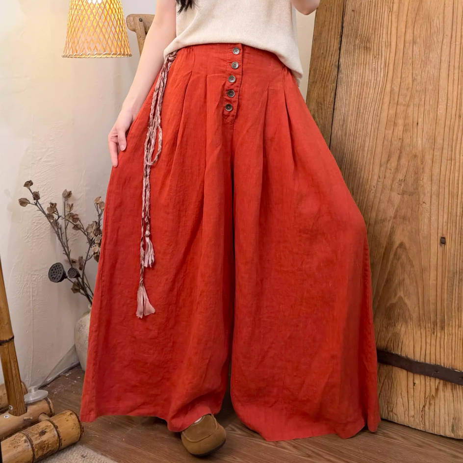 Spring Fashionable Linen Colorful Wide Legs Elastic Waist Pants