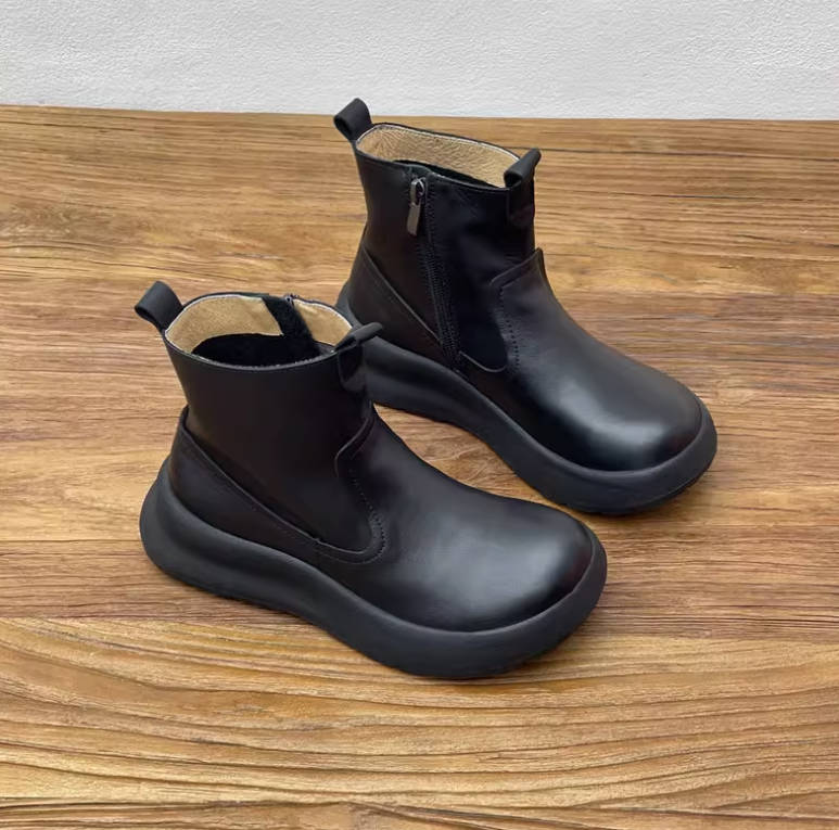 Women Vintage Top Grain Leather Casual Side-Zip Boots