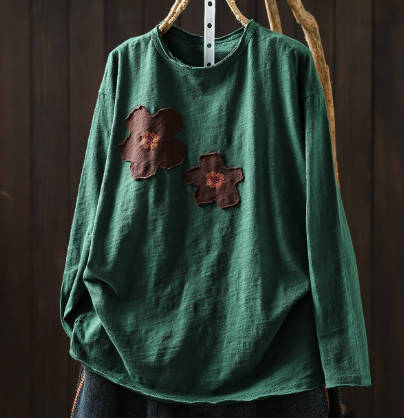 Vintage Cotton Flower Round-Neck Long-Sleeve Pullover Top