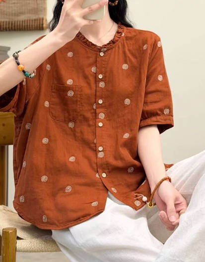 Women Vintage Embroidered Round Neck Loose Short Sleeve Shirt