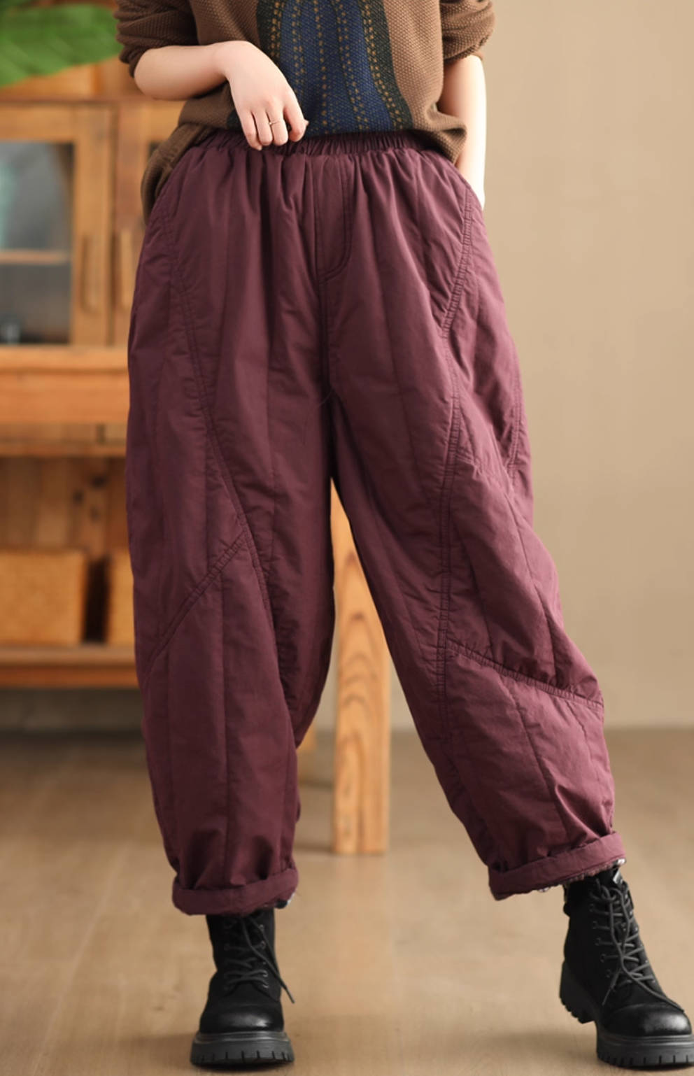 Winter Warm Cotton-In Loose Elastic Waist Wide Leg Pants