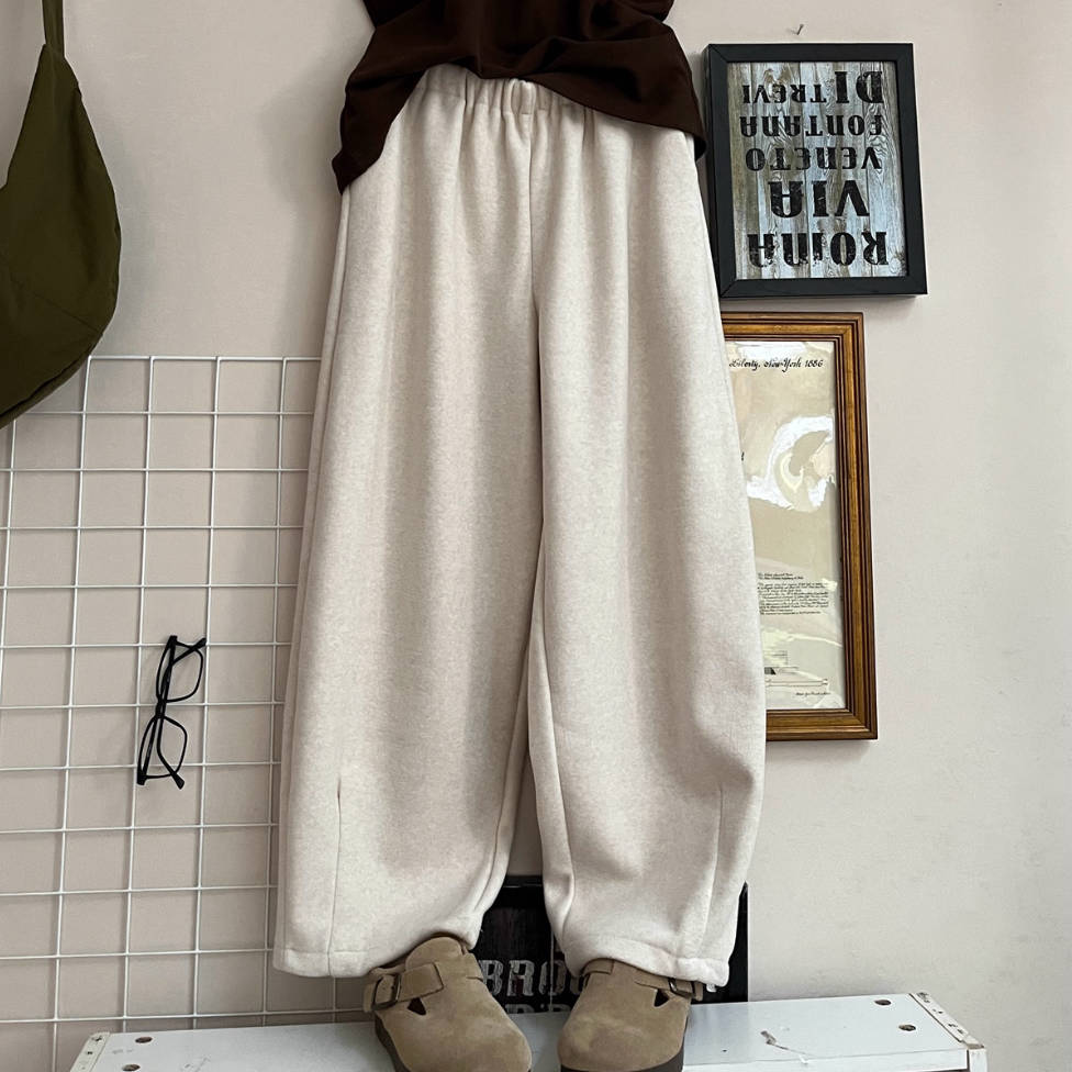 Retro Simple Wool Cotton Warm Elastic Waist Casual Pants