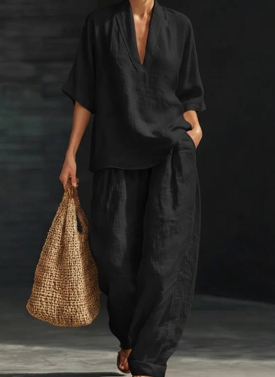 Spring Loose Solid Color Linen Casual Wide-Leg Pant Set