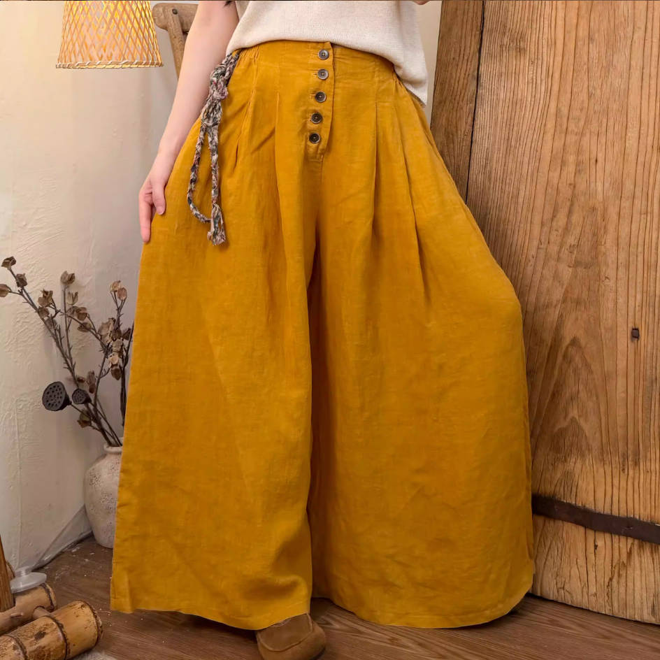 Spring Fashionable Linen Colorful Wide Legs Elastic Waist Pants