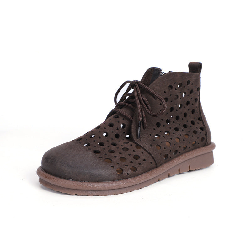 Retro Leather Hollow Breathable Closed Toe Lace-Up Boots