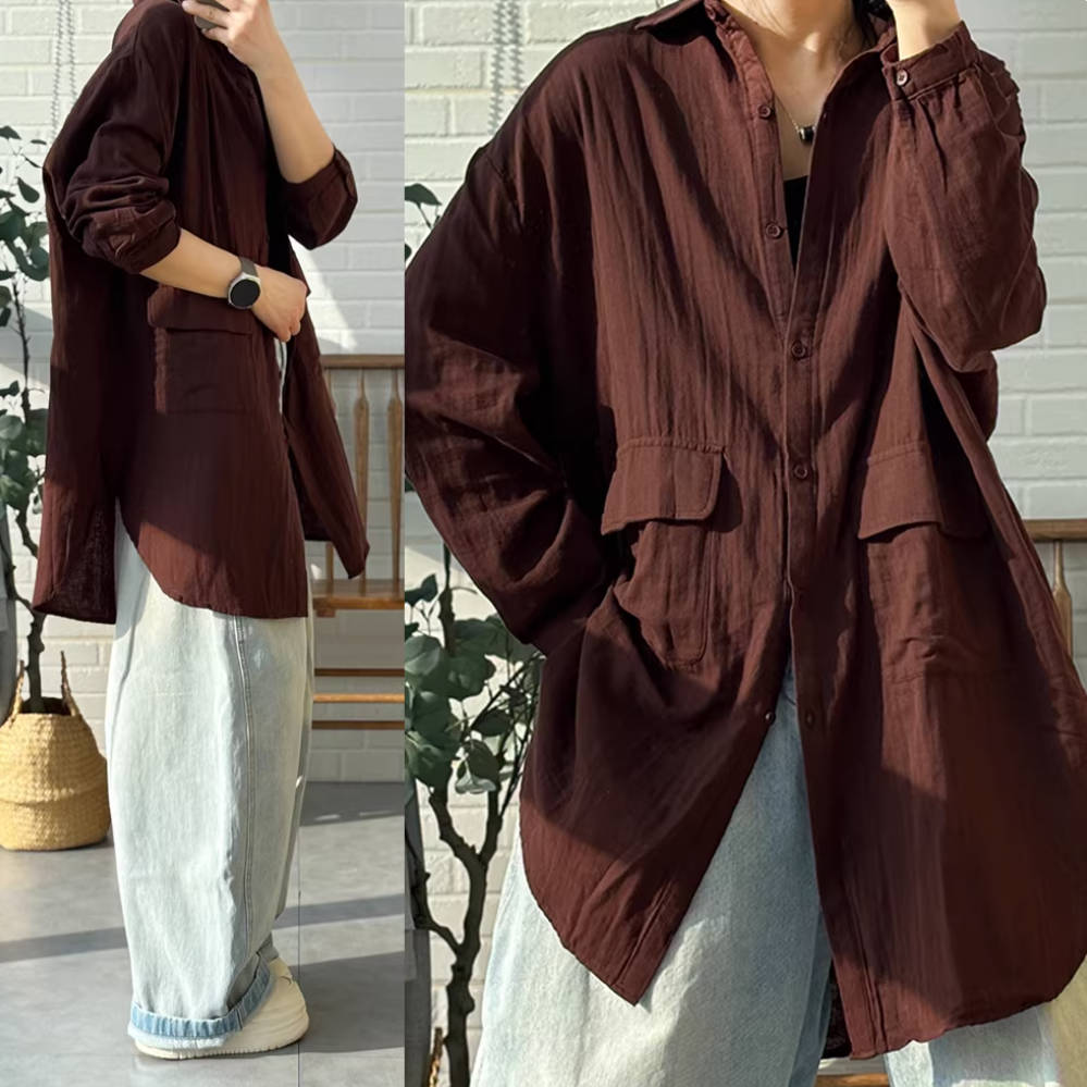 Retro Cotton Thin Soft Casual Long Loose Solid Color Shirt