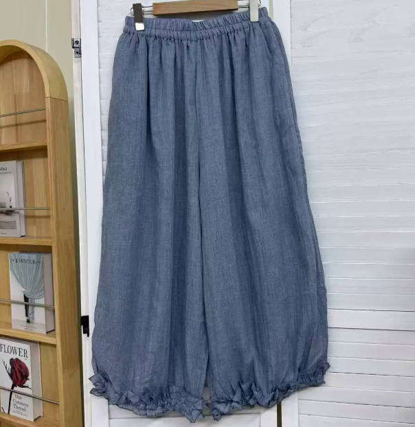 Summer Cotton Liner Breathable  Scallop Hem Wide Leg Pants