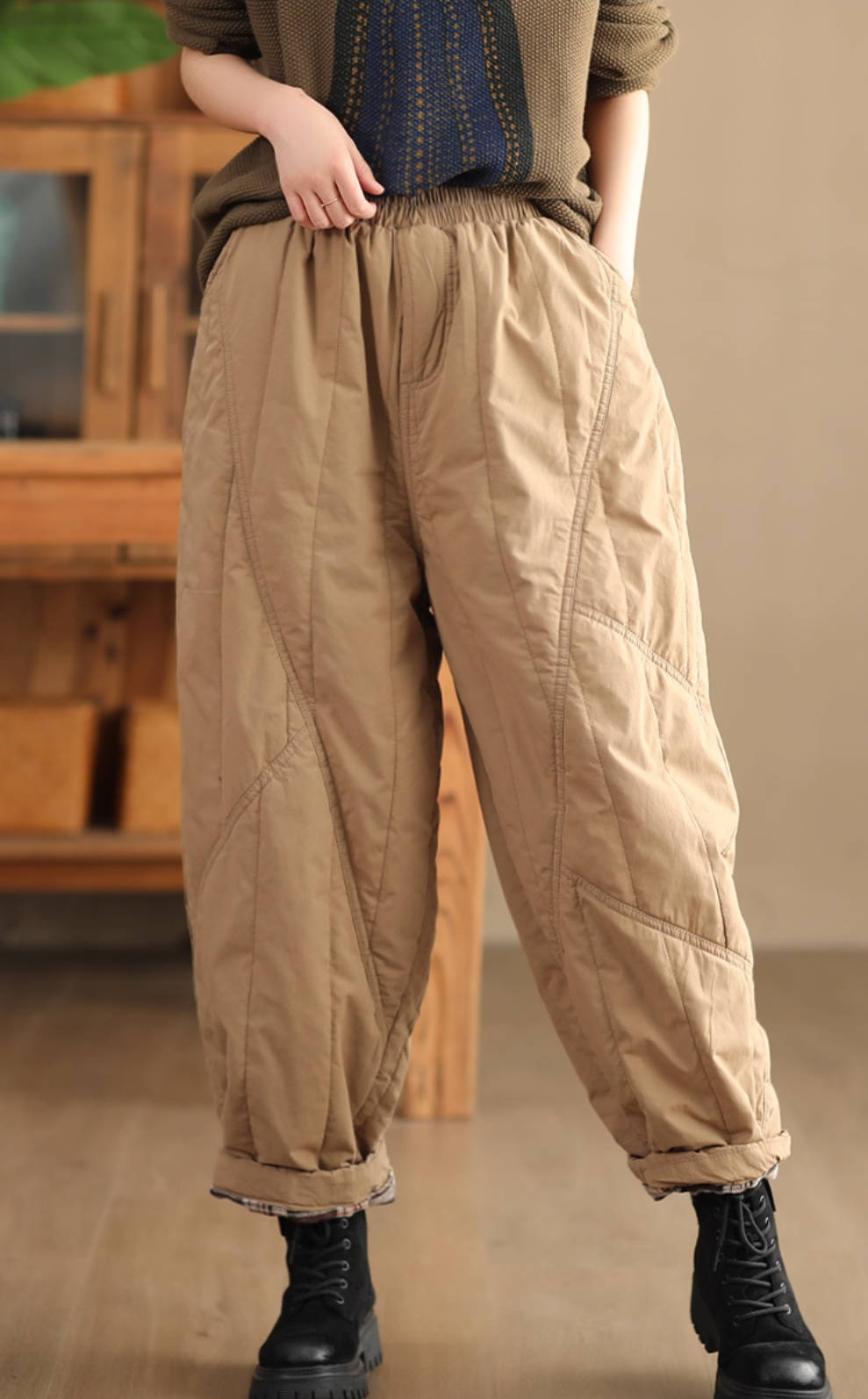 Winter Warm Cotton-In Loose Elastic Waist Wide Leg Pants