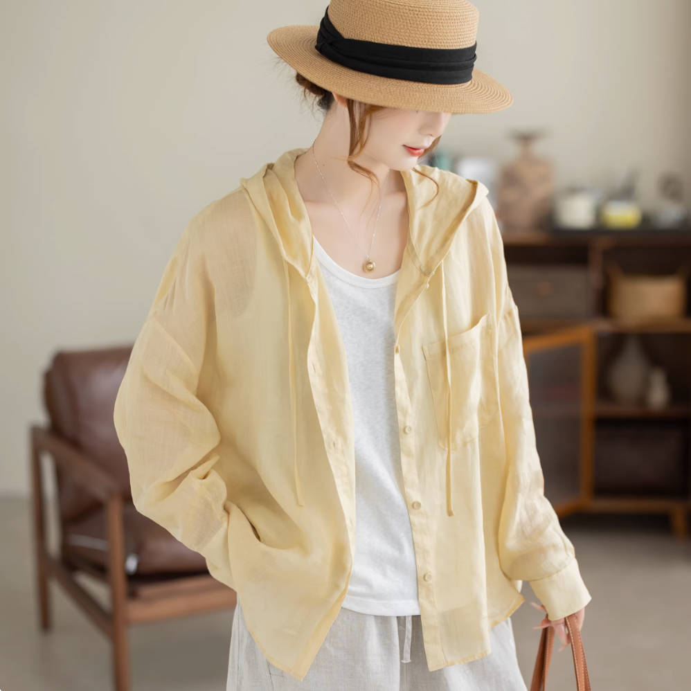 Spring Ramie Solid Color Thin Slim Loose Hoodies Breathable Shirt