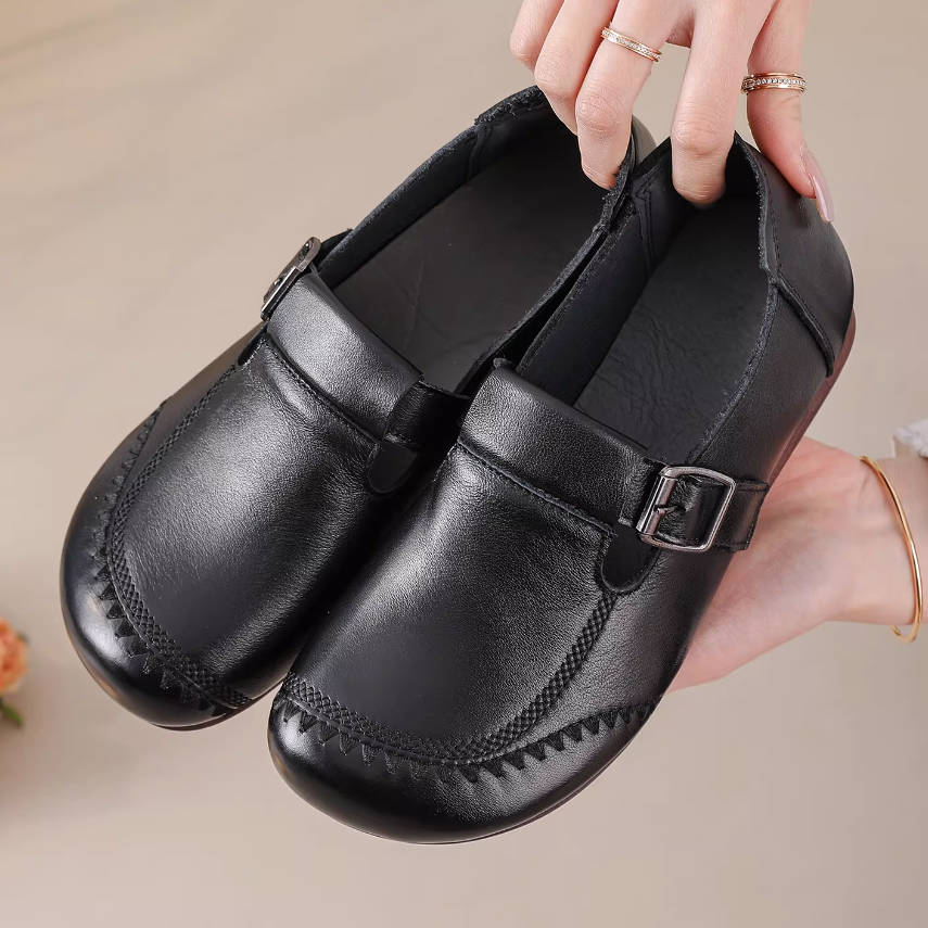 Spring Retro Top Leather Cut Out Round Toe Slip-On Flat Shoes