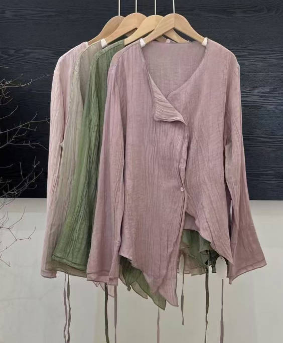 Casual Versatile Ramie Cardigan Lace Up With Belt Design Top