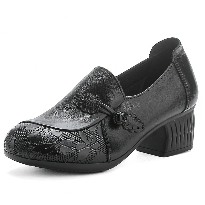 Retro Leather Round Toe Floral Printed Shallow Low Heel Shoes