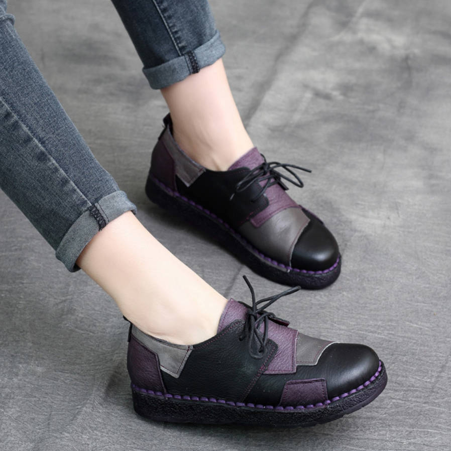 Genuine Leather Round Toe Patchwork Lace-Up Soft Flat Sole Shoes
