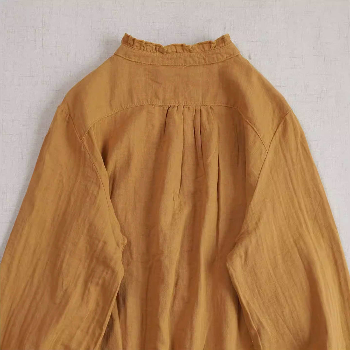 Retro Spring Ruffled Neck Accordion Pleats Solid Color Shirt