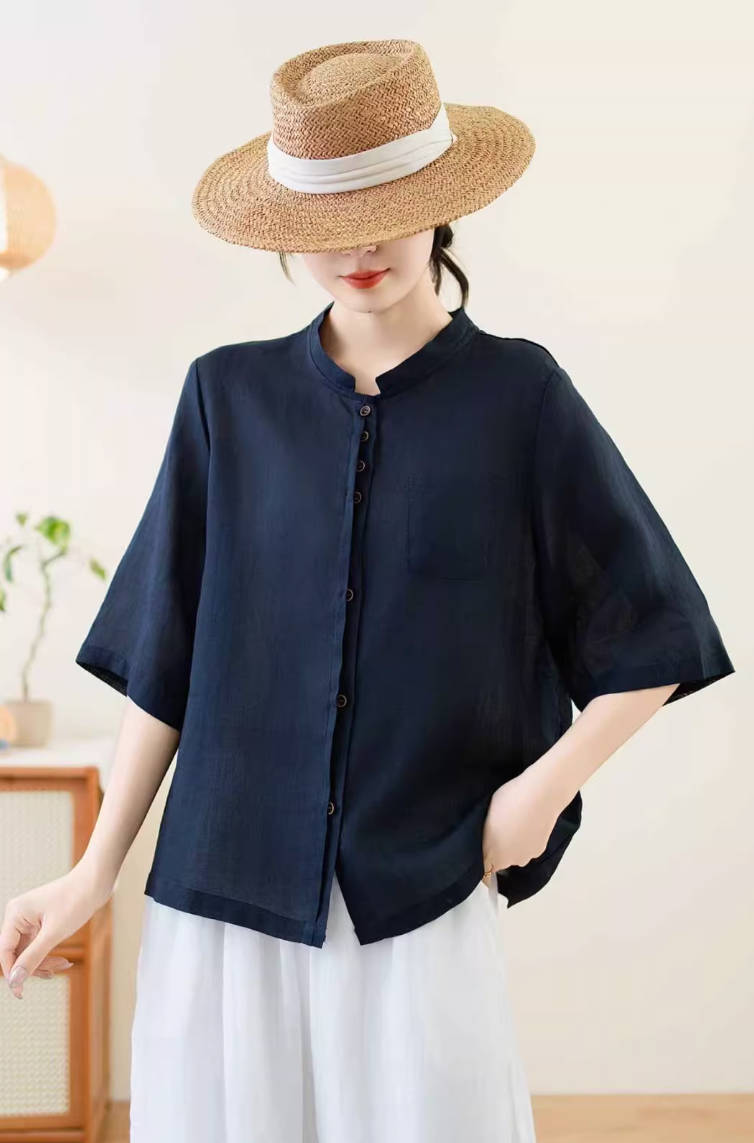 Spring Retro Ramie Comfortable Stand Neck Loose Thin Tops