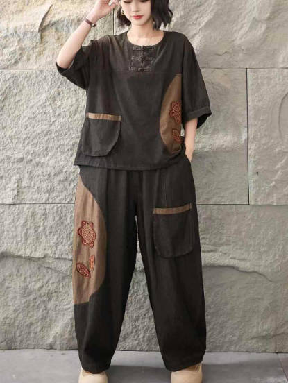 Vintage Cotton Patchwork Button Denim Short-Sleeve T-Shirt Loose Harem Pants Set