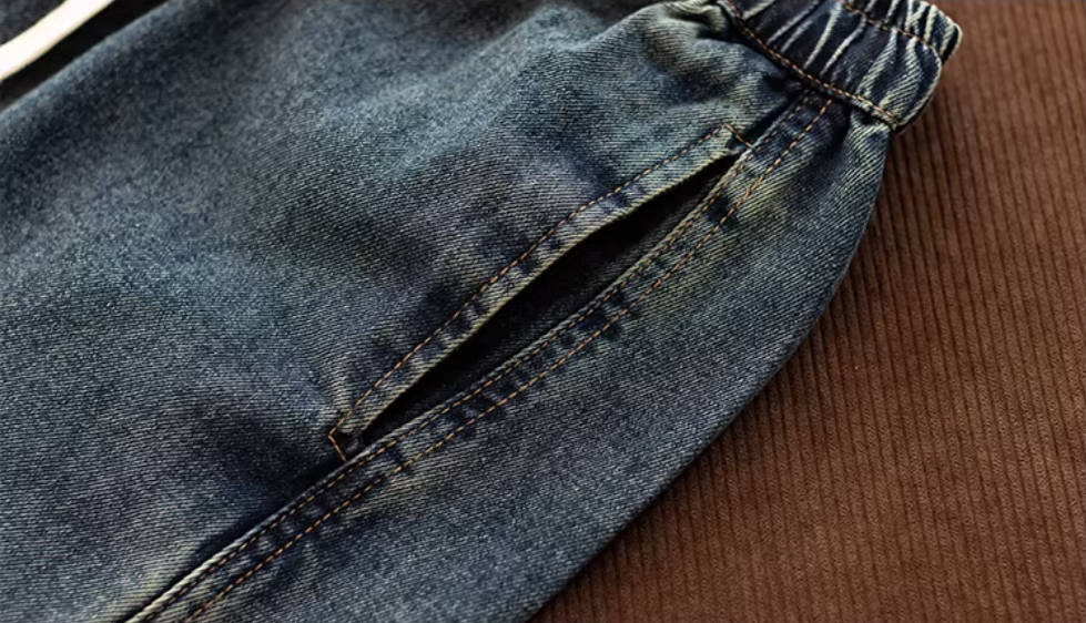 Denim Retro Washed Patchwork Versatile Elastic Waise Lace-Up Loose Jeans