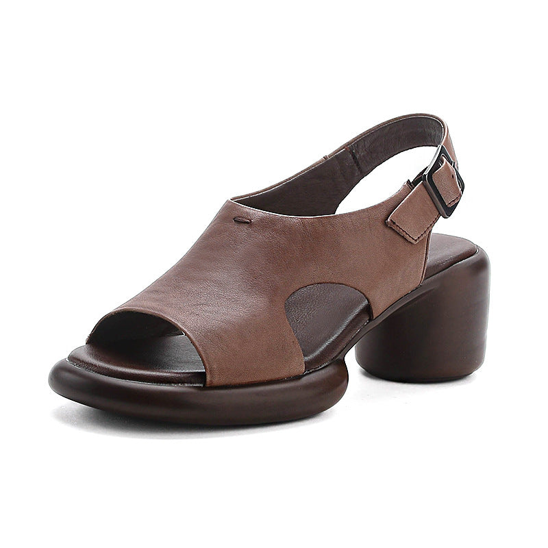 Spring Retro Leather Open Toe Chunky Casual Straped Sandals