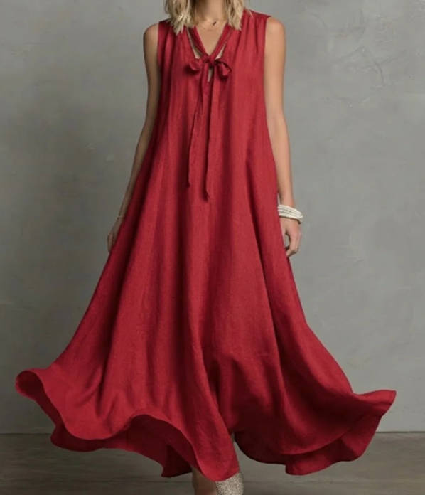 Spring Elegant Linen V-neck Tie Waist Sleeveless Dress