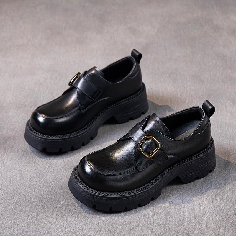 Retro Spring Leather Round Toe Straped Thick Soft Sole Casual Shoes