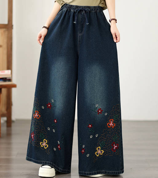 Autumn Vintage Embroidered Soft Denim Elastic Waist Wide Leg Pants