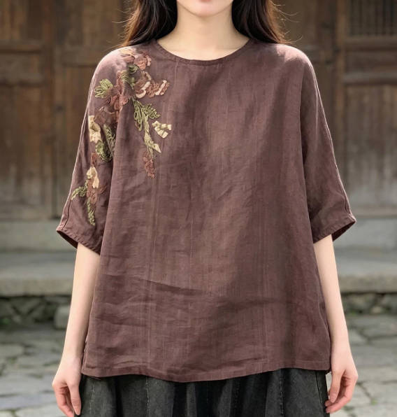 Women Vintage Embroidered Linen Drop Shoulder Loose Fit Slimming T-shirt