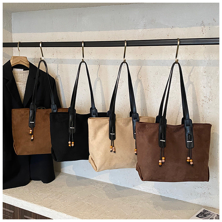 Sueded Big Size Leather Straped Beaded Tassel Casual Tote Bag