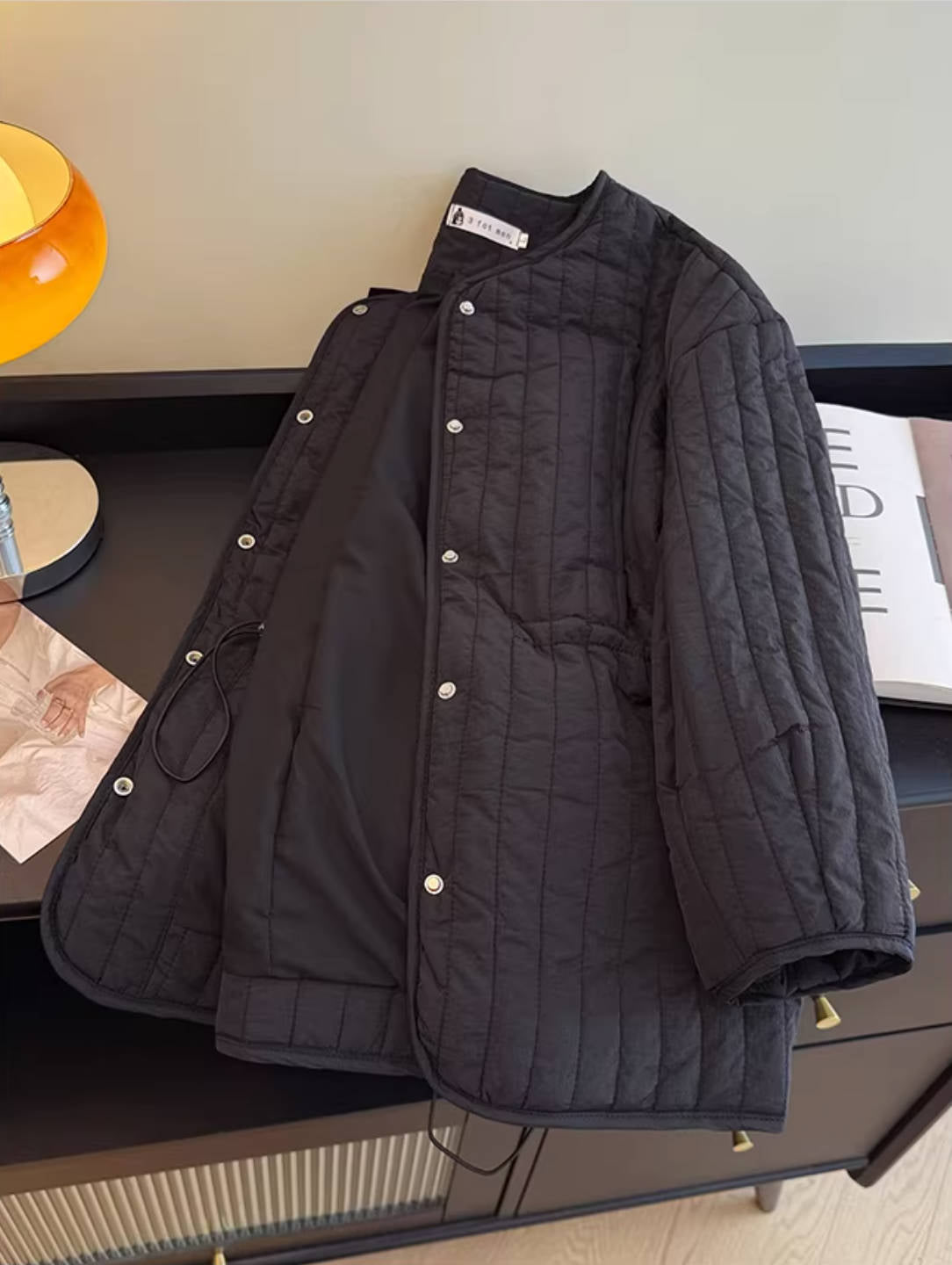 Solid Color Cotton Striped Round Neck Warm Cotton-In Coat