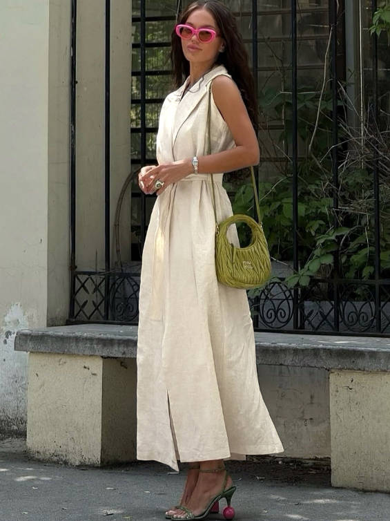 Women Sleeveless Turn-down Collar Cotton Belted Waist Split Hem Dress