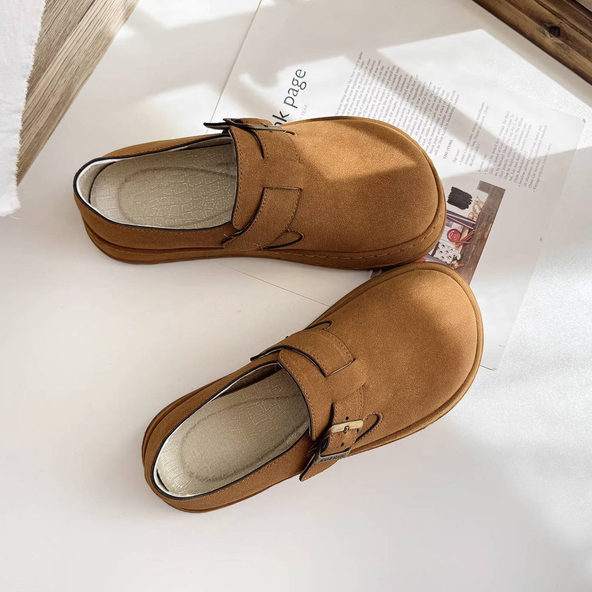 Vintage Leather Sueded Wide Toe Casual Slip-On Shoes