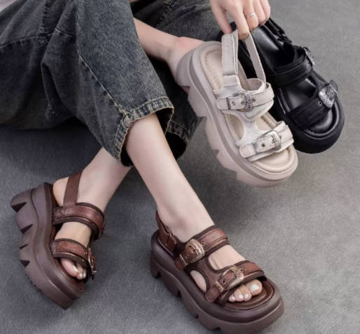Summer Vintage Ankle Strap Thick-Soled Leather Open-Toe Breathable Sandals