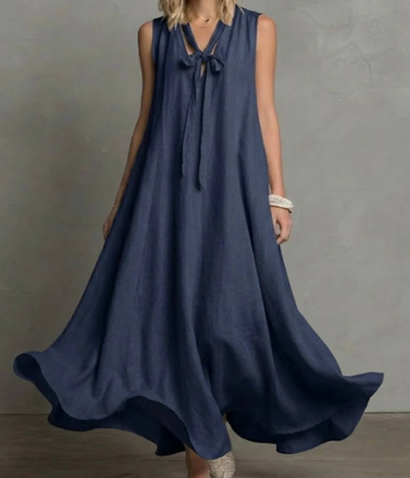 Spring Elegant Linen V-neck Tie Waist Sleeveless Dress