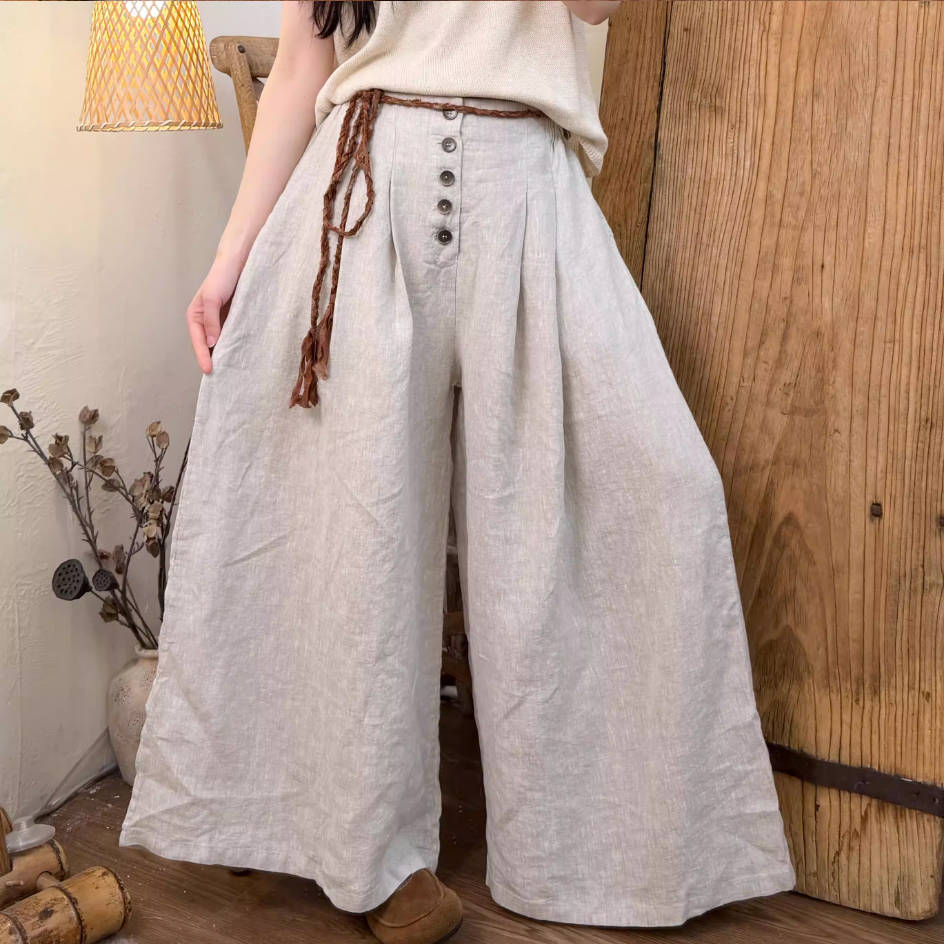 Spring Fashionable Linen Colorful Wide Legs Elastic Waist Pants